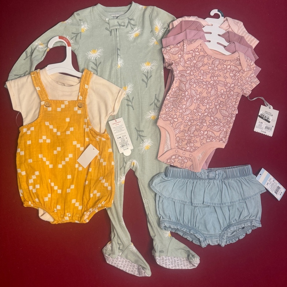 Lot of Various Sizes NWT Girl's Baby Clothes Onesies, Overalls, and Shorts
